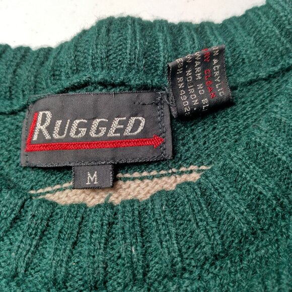 Vintage Rugged Sweater M Retro Striped Greem Maroon Tan Crew Neck Virgin Acrylic - Picture 5 of 15